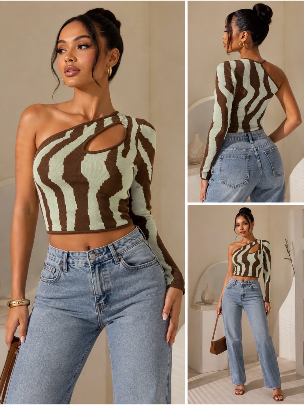 One-Shoulder Zebra Crop Top in Mint and Brown